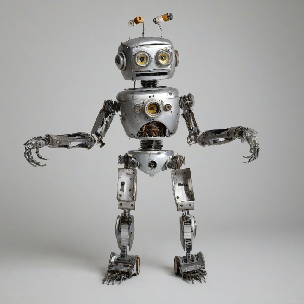 Bright, whimsical, cute robot made from spare car parts, full-body view, plain white background, on a plain white background, even lighting 
