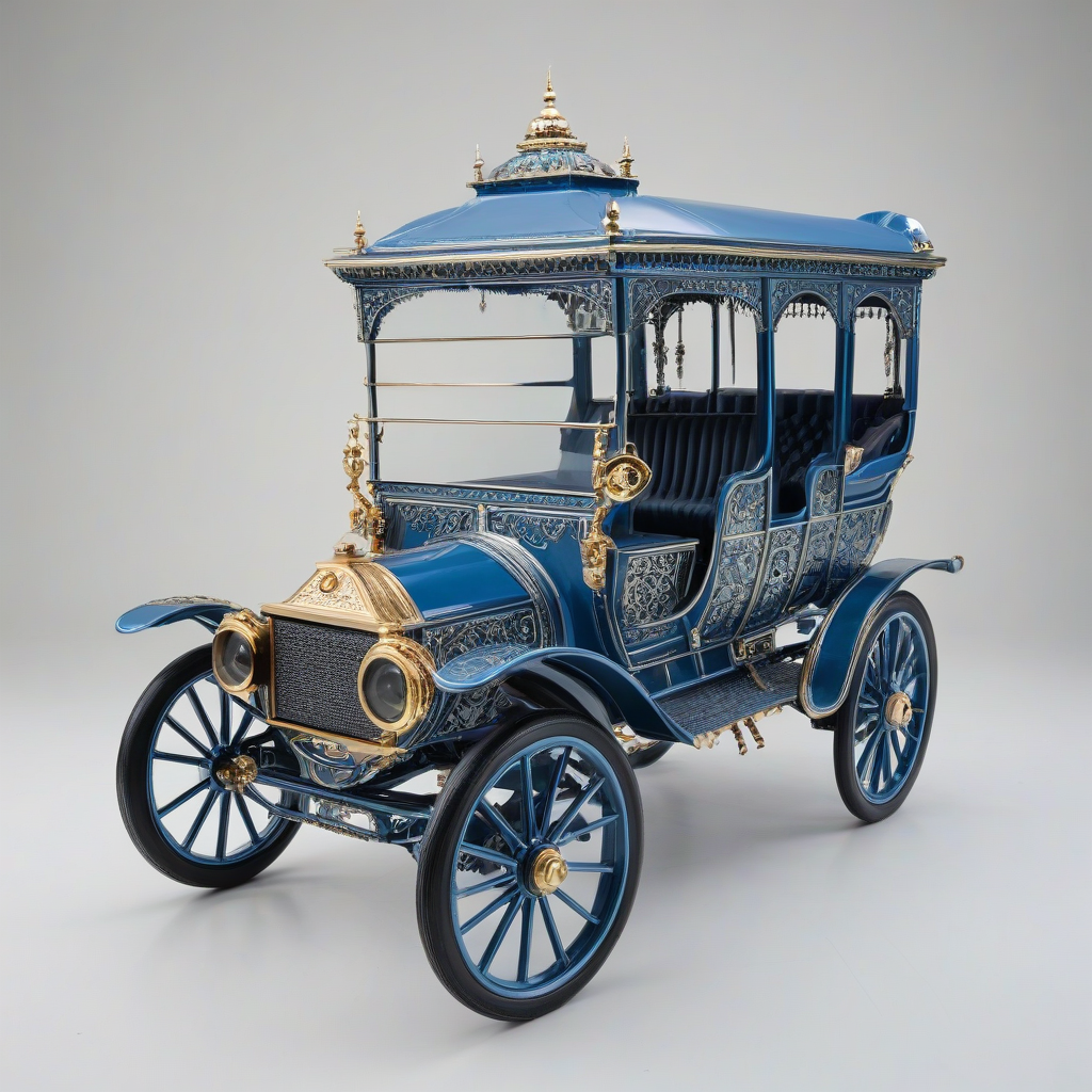 A full-body view of a Steel Blue, Victorian-style vehicle, with intricate details and ornate designs, set against a plain white background, in a wide shot with the vehicle's wheels and chassis visible, under soft, natural lighting with a slight sheen to accentuate the Steel Blue color