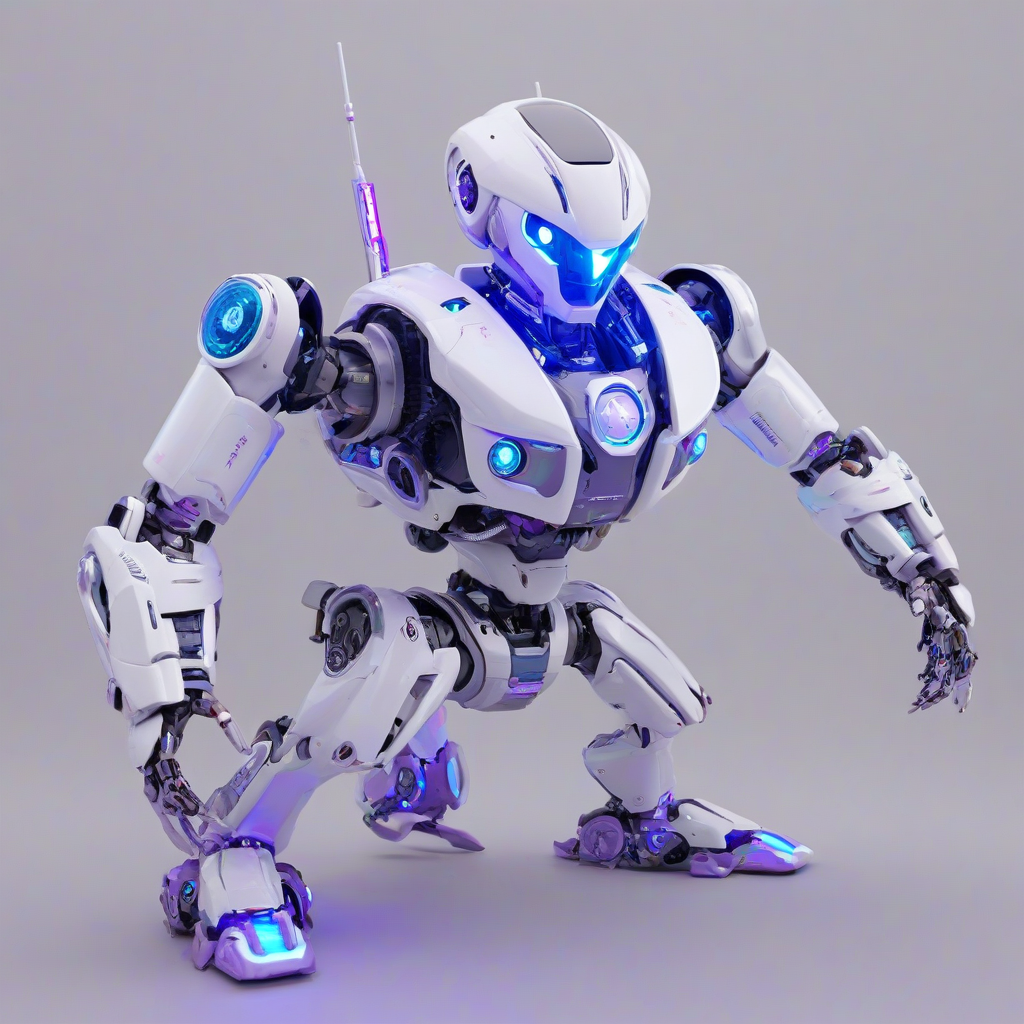 A futuristic robot with a predominantly purple color scheme, set against a plain white background, in a wide shot with its feet visible, showcasing its sleek and metallic body, with a vaporwave aesthetic that includes neon lights, misty atmosphere, and Japanese characters in the background, with a focus on its mechanical limbs and glowing blue eyes, on a plain white background, even lighting