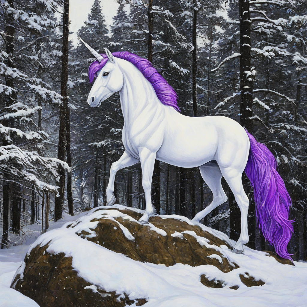 Pop art painting of a white unicorn with a purple mane and tail standing on a big rock in a snowy forest