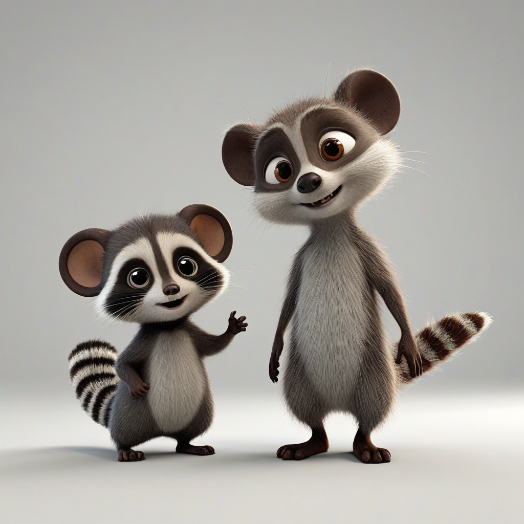3d cartoon animation, one animal that has a mix of a baby mouse and a baby raccoon, bright and vivid colors, large eyes, short body, round features, tiny nose, tiny feet, cute, happy expression on its face, only one in the shot, full body visible, on a plain white background, even lighting