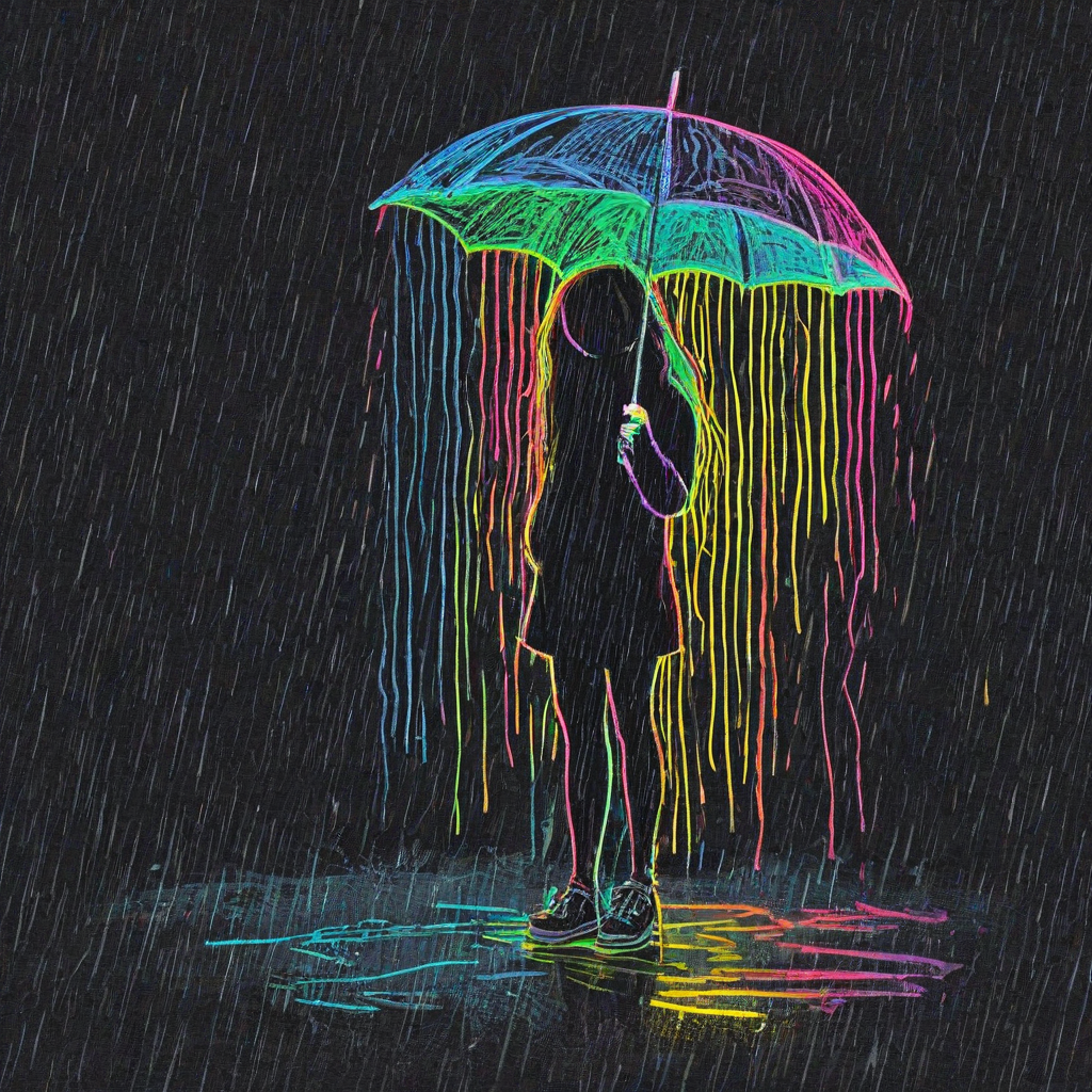 Neon chalk art on a black background of a young girl standing in the rain with a large umbrella, 2d drawing style, bold multi colored lines, somber mood
