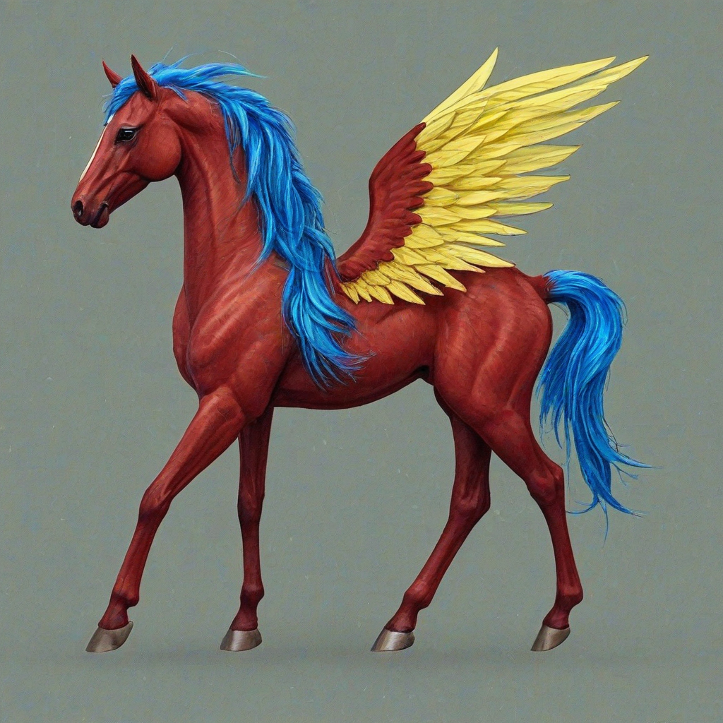 Red horse with a blue mane and tail, with yellow wings
