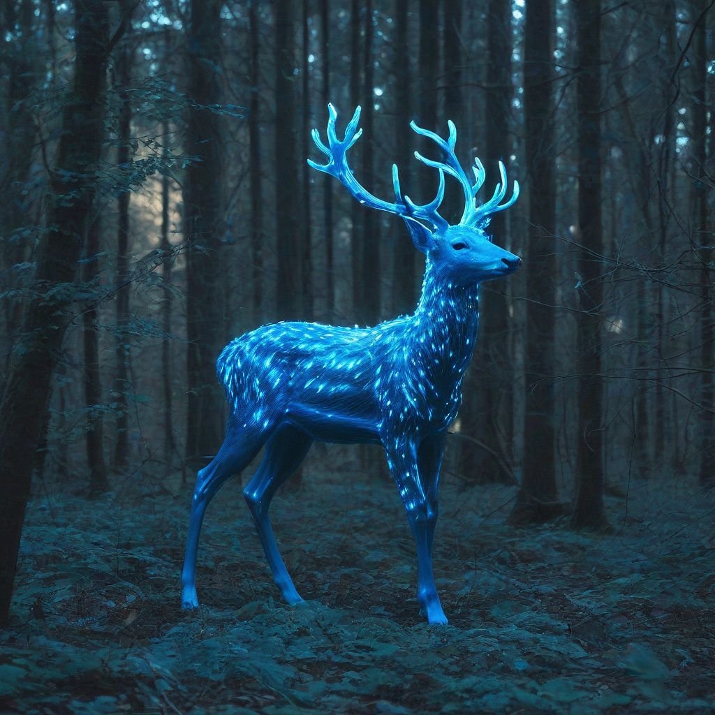 a glowing blue deer in a magical forest