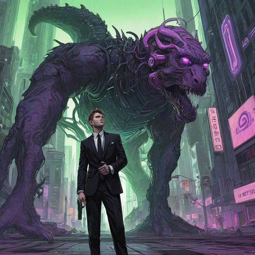 Neon Sam Guay style art of an elf man standing at ground level with one eyebrow raised and a neutral expression, looking up at a large cyber beast, wearing a sleek black suit with green, white, and purple neon accents on the lapels, holding a pistol in his right hand, on a plain white background, with a cyberpunk cityscape visible in the background, featuring towering skyscrapers, holographic advertisements, and neon lights.