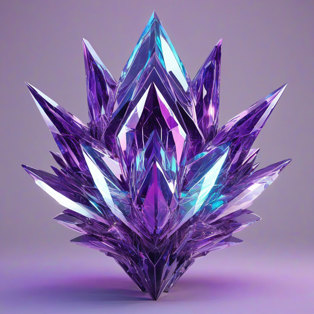 A large, intricate crystal formation with a dominant purple hue, set against a plain white background, in a synthwave art style, with vibrant, neon-like accents and subtle, pulsing glow effects, full-body view, wide shot, with all details of the crystal visible, including its facets and geometric patterns, in a futuristic and dreamlike atmosphere, on a plain white background, even lighting