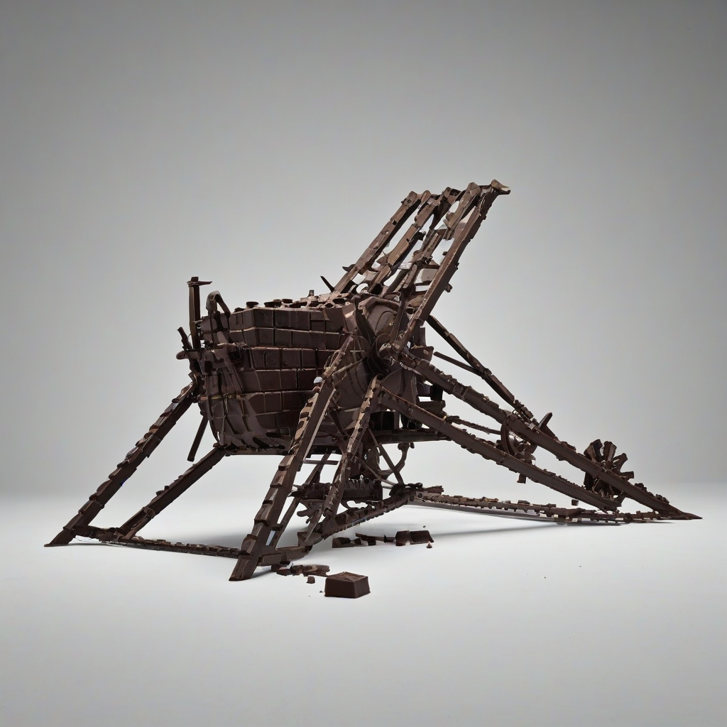 full-body view of a post-apocalyptic siege weapon made of chocolate, on a plain white background