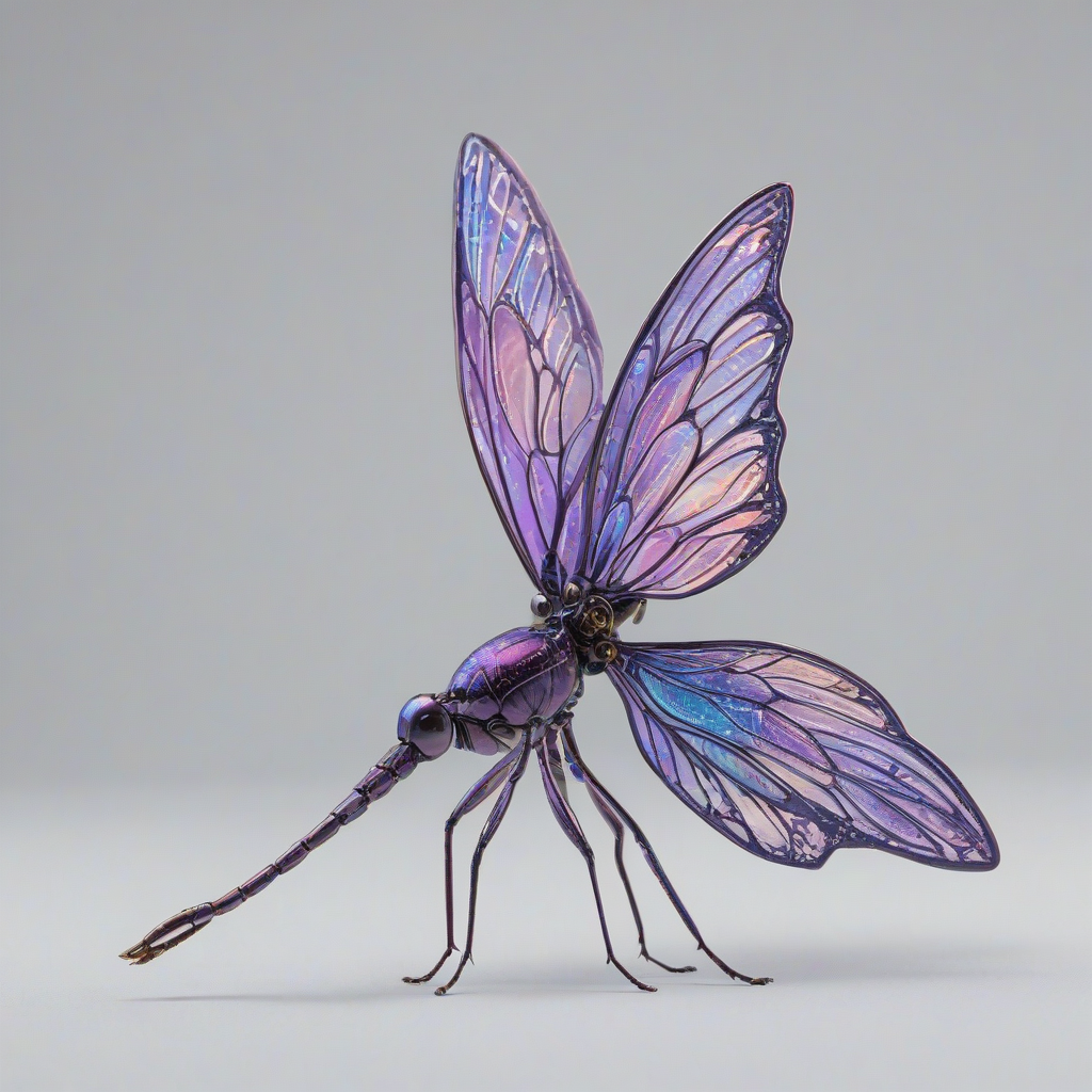 A highly detailed, full-body view, wide shot, of a fantasy insect, named Violet, with iridescent wings, and a slender, elongated body, set against a plain white background, with a soft, ethereal glow, and delicate, swirling patterns on its wings, in a whimsical, dreamlike style, with a focus on intricate details and textures, on a plain white background, even lighting