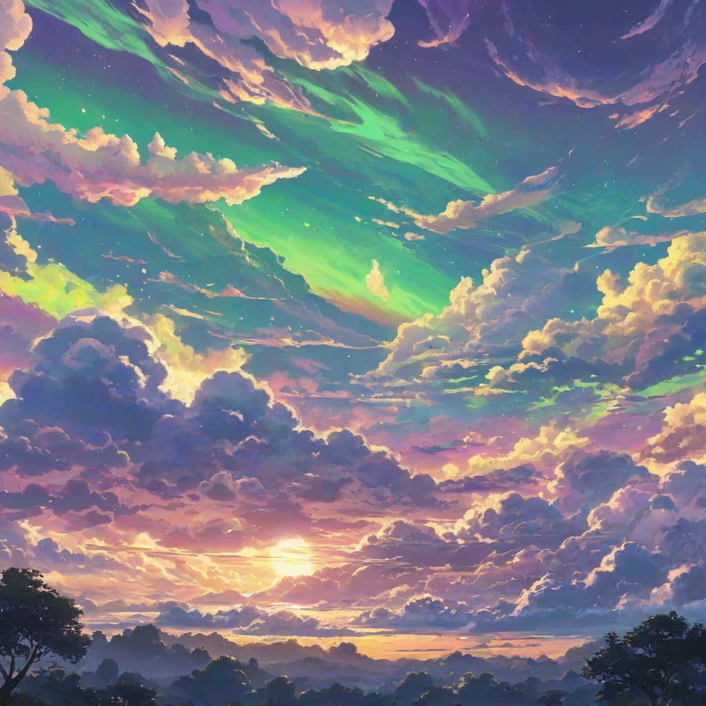 peaceful anime scene of the sky with bright green, purple, and yellow clouds
