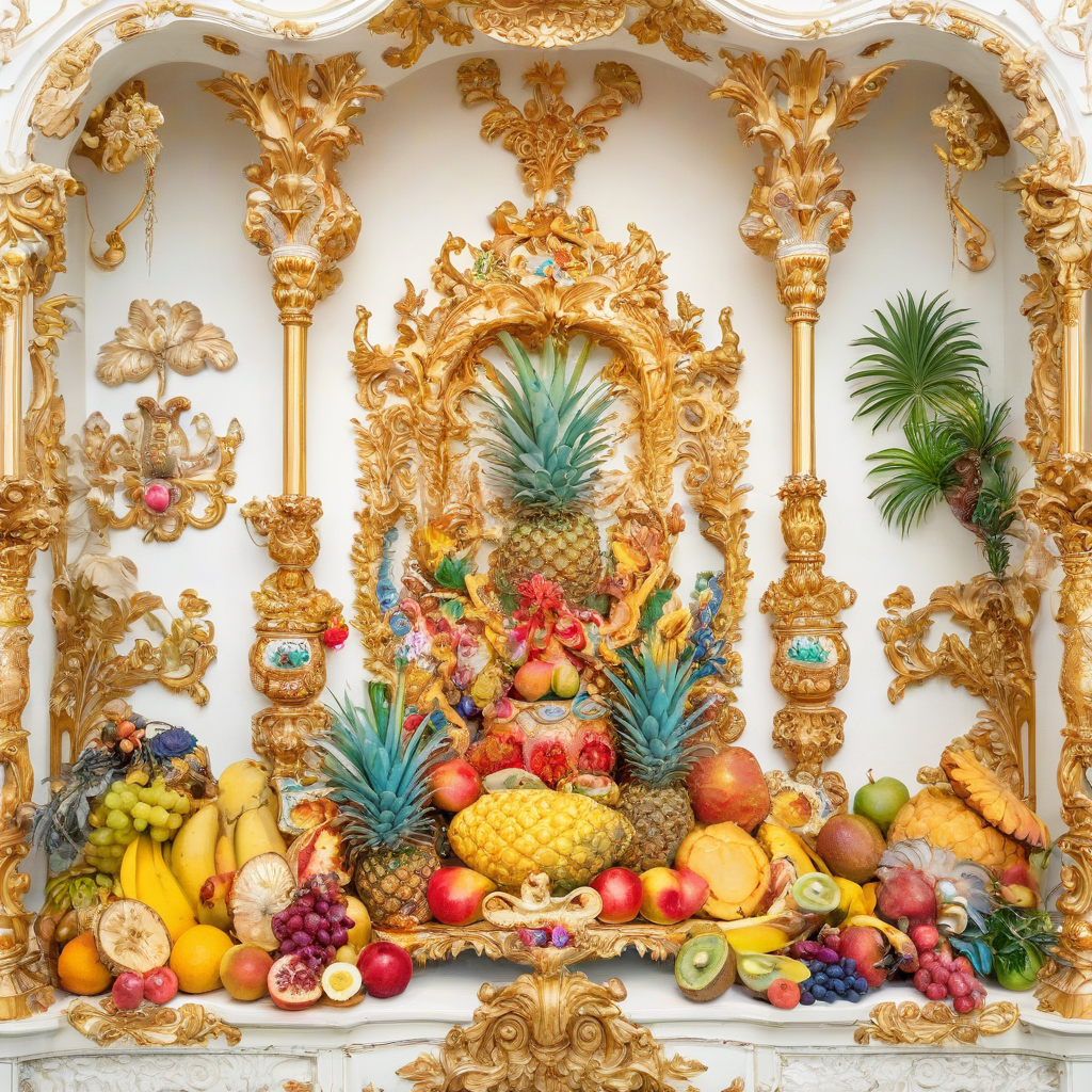 A colorful, vibrant, full-body view of a coral reef, with an assortment of exotic fruit, such as pineapples, mangos, and kiwis, intricately arranged in a Rococo style, with ornate details and patterns, set against a plain white background, with soft, golden lighting and gentle shadows