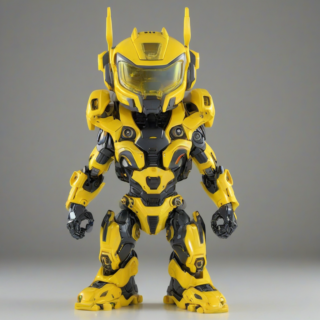 a bright yellow mecha suit in a funko pop style with an enlarged head, vibrant colors and bold lines on a plain white background with even lighting
