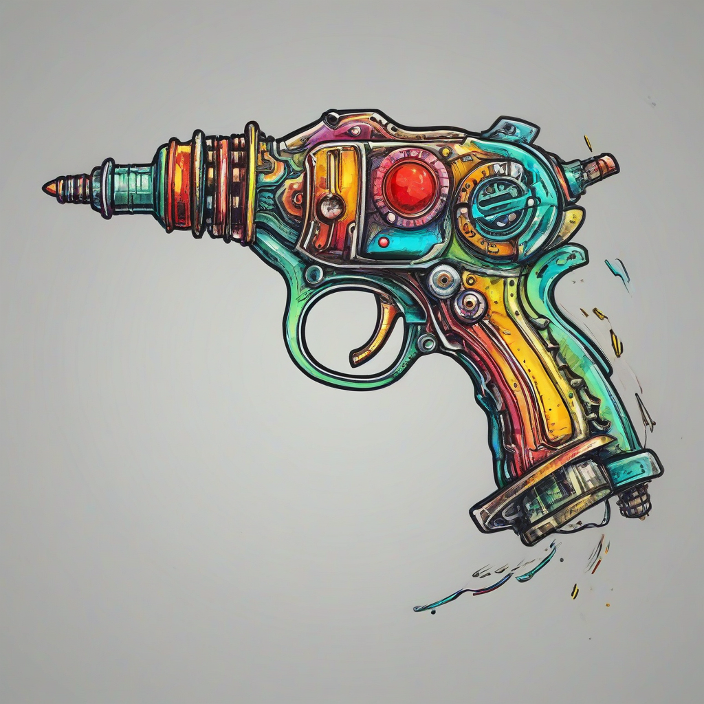 hand-drawn style colorful ray gun. bright and vivid colors, on a plain white background, even lighting
