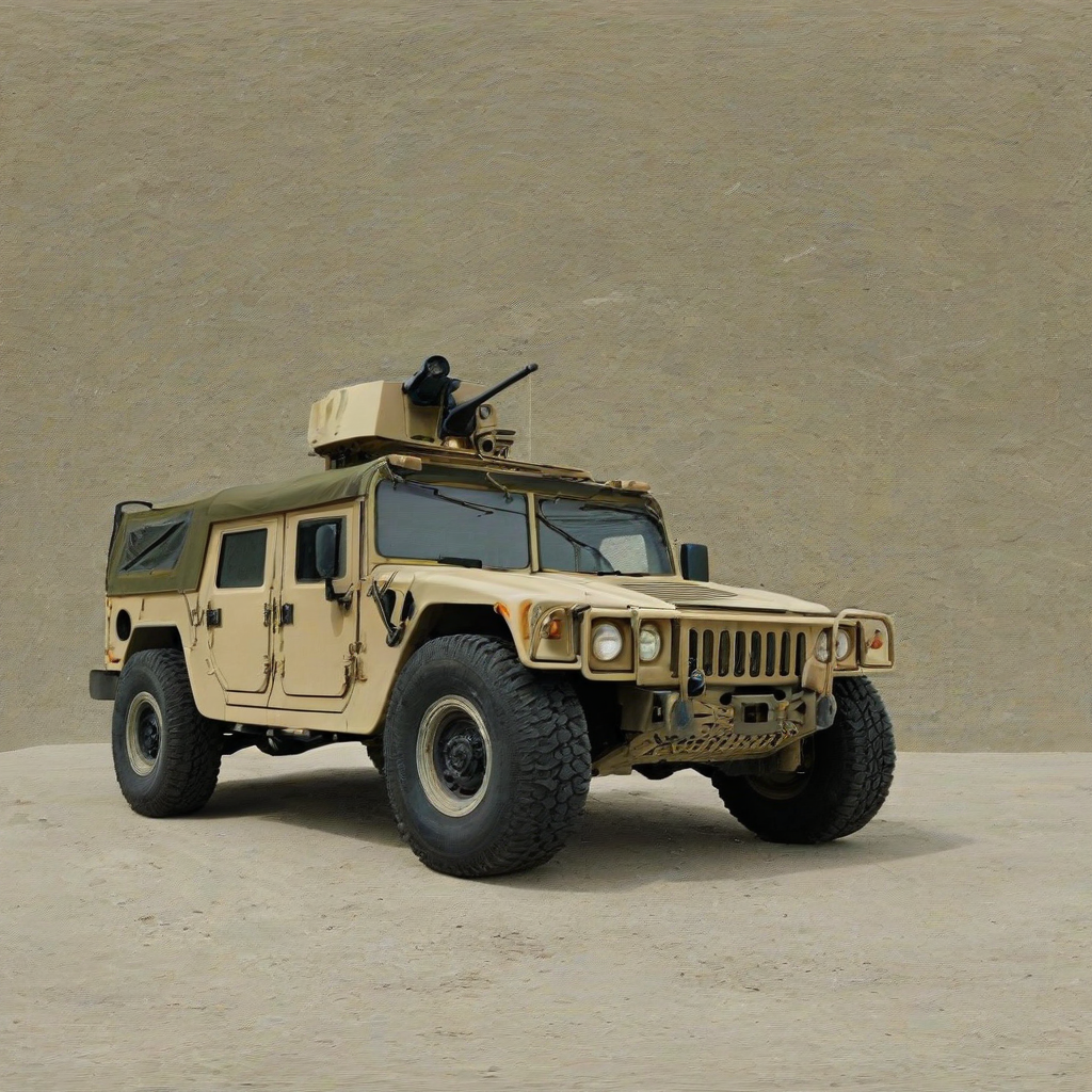 military Humvee, sand colored, on a plain white background, even lighting