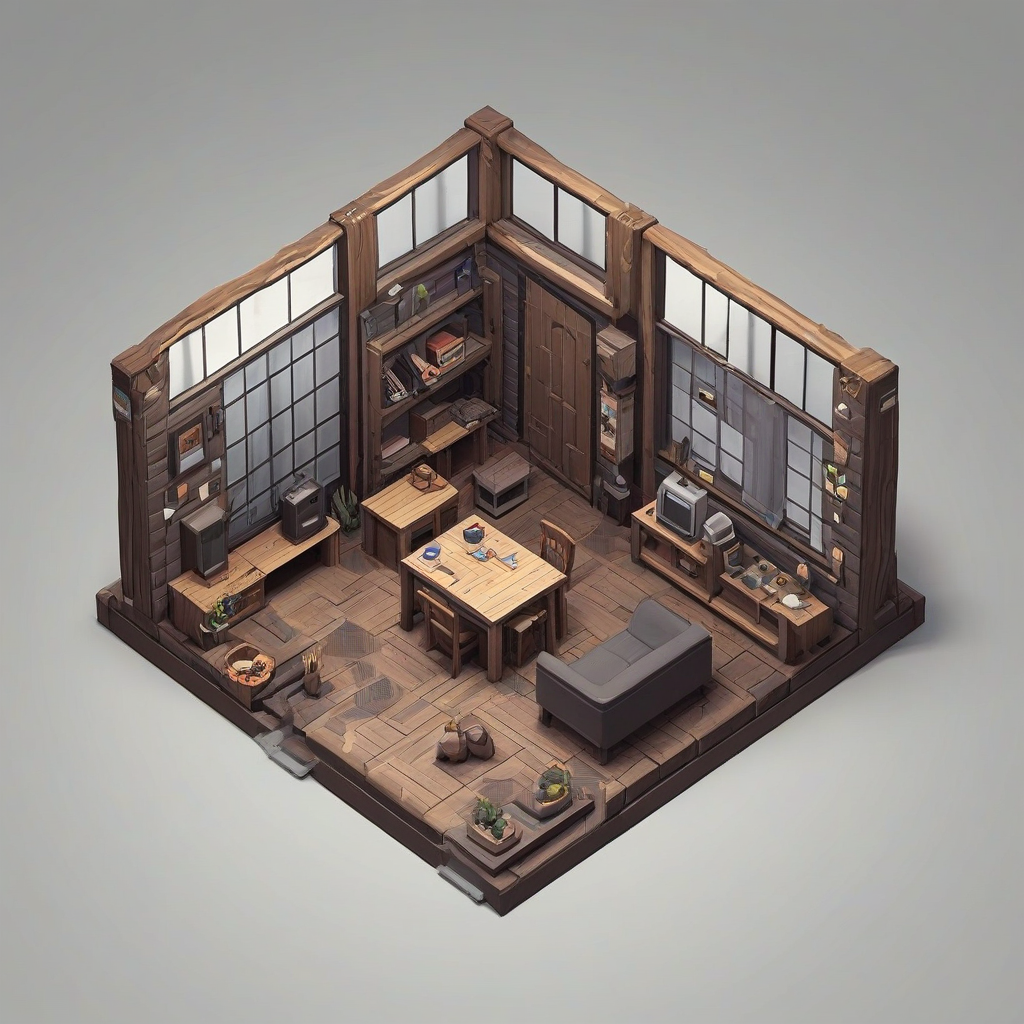 cartoon style cabin on a square grid for isometric game asset, interior visible, on a plain white background with even lighting