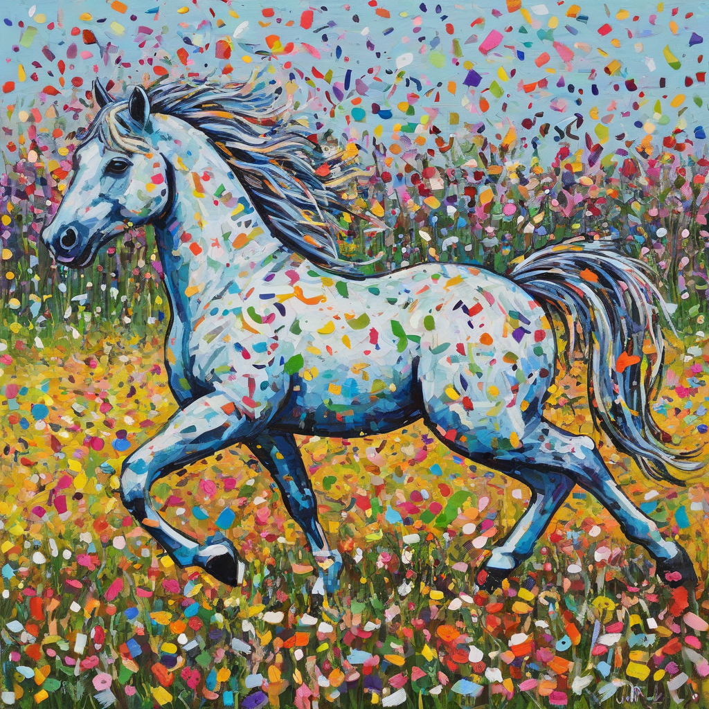 Abstract expressionist painting of a happy silly horse made of confetti, prancing in a field of flowers