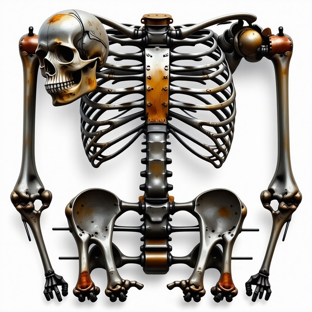 A metal skeleton where the Tibias, Femurs, Fibulas, Humerus', Radius', and Ulnas are made of rusty pipes. The skull is an old bowling ball with strips of metal used for the jaw and bolts used for the teeth. The ribcage is made out of titanium. the phalanges are made out of old, bent nails.