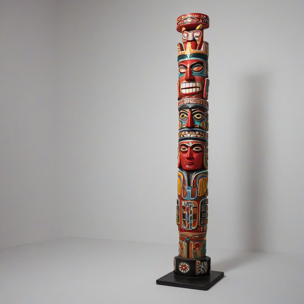 A colorful, intricately carved totem pole, named Ruby, with a mix of industrial and native american styles, set against a plain white background, in a wide shot with the base and top of the pole visible, with dramatic lighting and dynamic shadows, in the style of a digital illustration