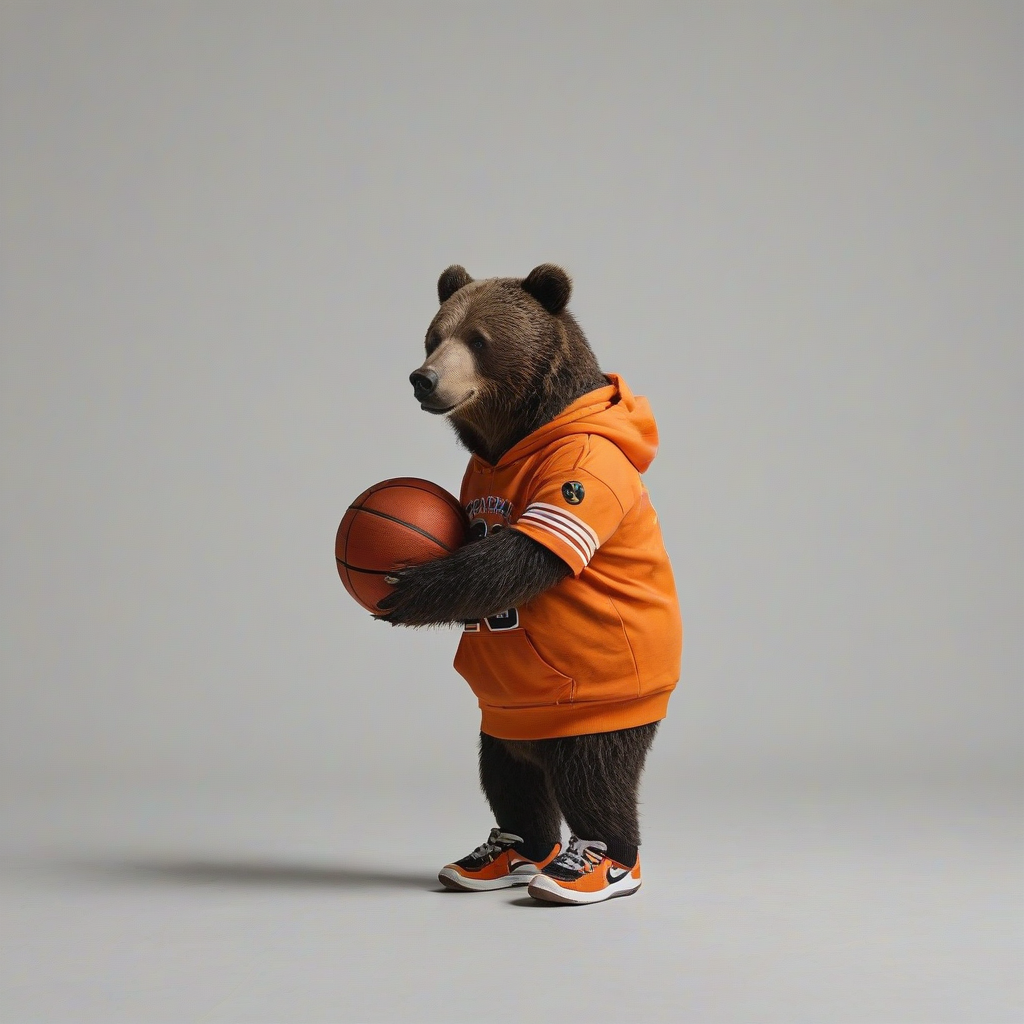 A bear with orange hoodie and basketball, on a plain white background, even lighting