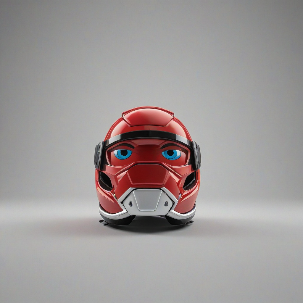 A full-body view of a bright red cartoon helmet, with a glossy finish, on a plain white background, in a wide shot, with the helmet facing forward and its straps visible, in a 3D cartoon style with bold lines and vibrant colors, on a plain white background, even lighting