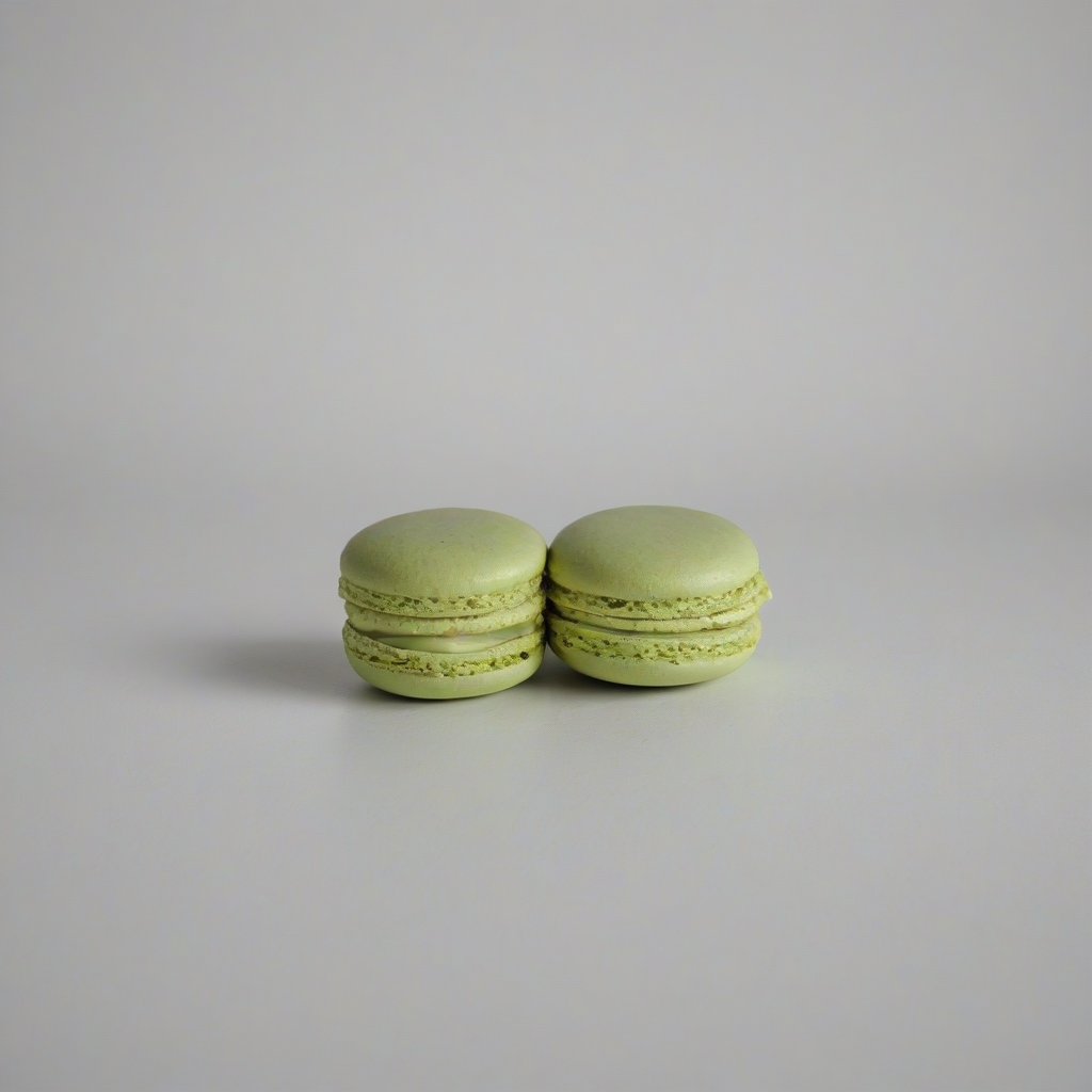 Pistachio green french macaron, wide shot, on white background, full-body view, on a plain white background, even lighting 
