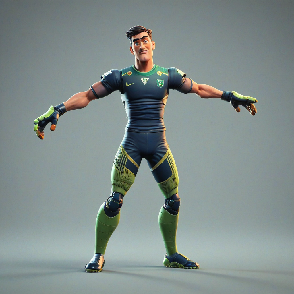 A stylized, weird-looking football goalkeeper character standing in a perfect T-pose.
Arms fully extended horizontally, legs straight and slightly apart.
Exaggerated proportions: long arms, slightly oversized gloves, narrow waist, big boots.
Cartoon-meets-semi-realistic style, suitable for a video game character.
Neutral facial expression, slightly goofy or uncanny vibe.
Wearing a modern goalkeeper outfit: padded jersey, shorts, high socks, goalkeeper gloves.
Clean topology, symmetrical body, centered in frame.
No accessories, no background, no ground, floating character.
Full body visible from head to toe.
Unreal Engine / Unity ready, animation-friendly, riggable character.
Plain neutral lighting, studio style., on a plain white background, even lighting