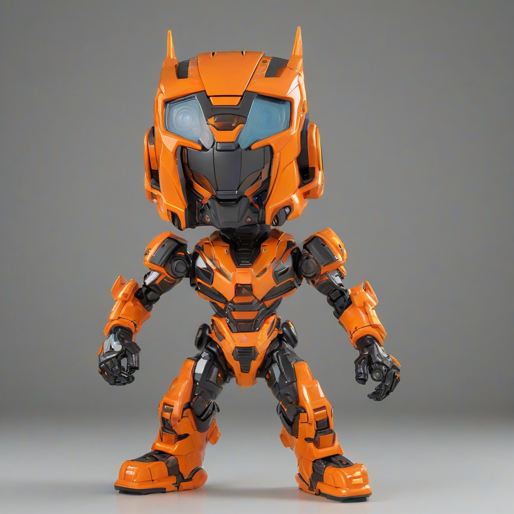 a bright orange mecha suit in a funko pop style with an enlarged head, vibrant colors and bold lines on a plain white background with even lighting