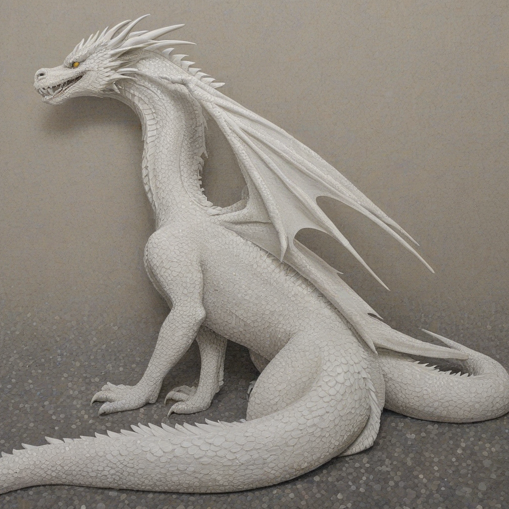 pointillism style of a large, beautiful white dragon