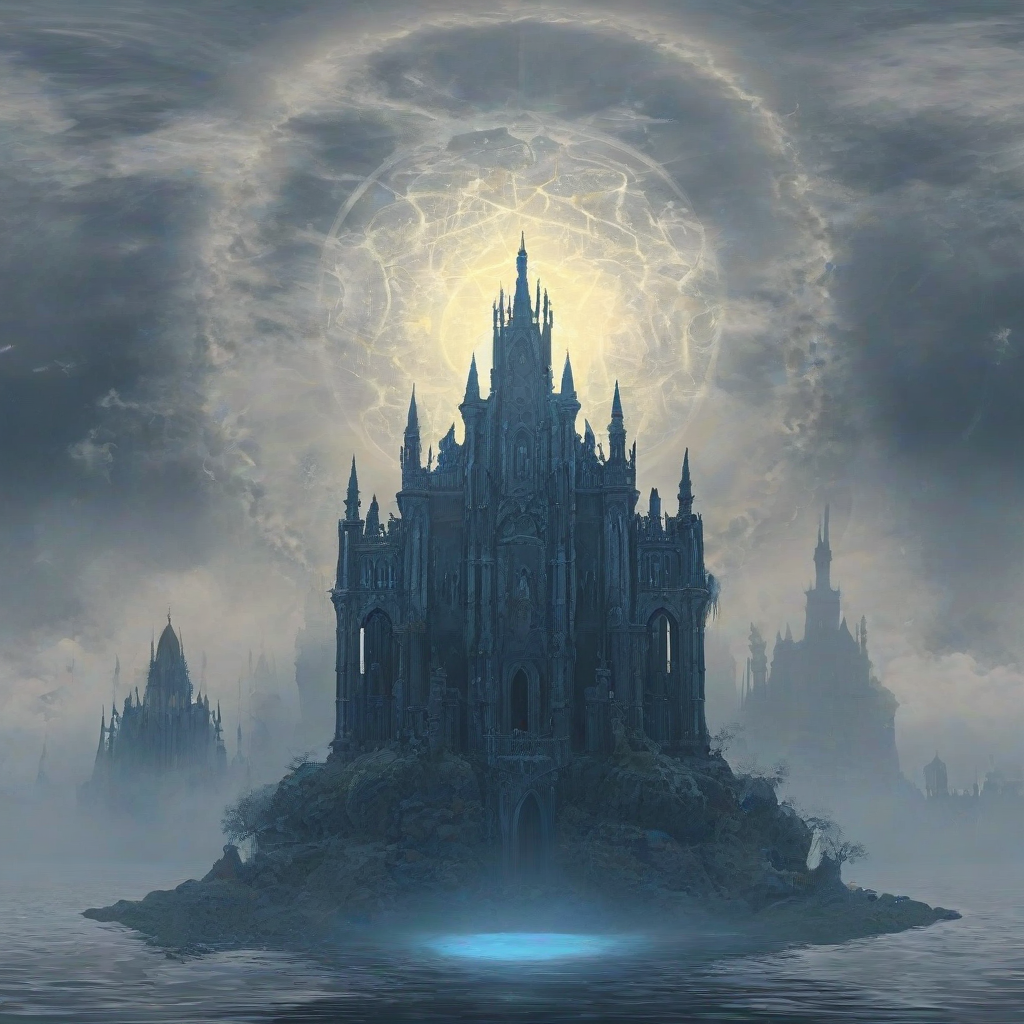 A mystical, sapphire-colored floating island, with intricate Gothic architecture, surrounded by a halo of mist,  with visible foundations,  digital art style, with dynamic shadows and a soft, ethereal backlight