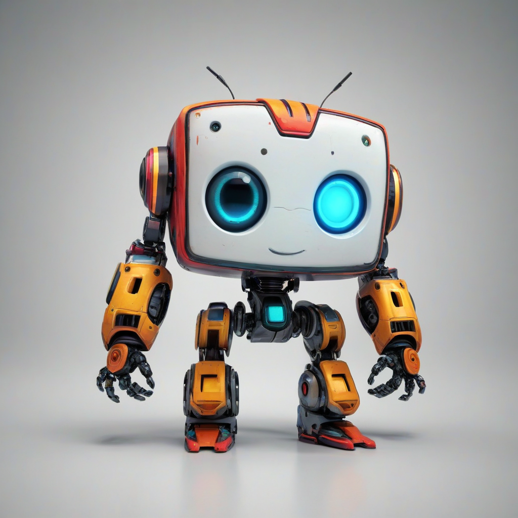 A cute, video game robot with a stumpy body, big eyes, and a cubic face, standing in a full-body view with its feet visible, on a plain white background, in a comic book art style with bold neon lines and vibrant colors, with a wide-angle shot and bright lighting, on a plain white background, even lighting 