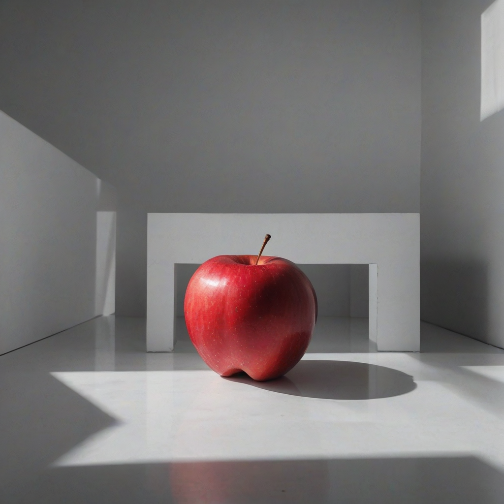 A red apple in a brutalist architectural style, with a wide shot and full-body view of the apple, set against a plain white background, with dramatic lighting and dynamic shadows, in a digital art style with bold lines and geometric shapes