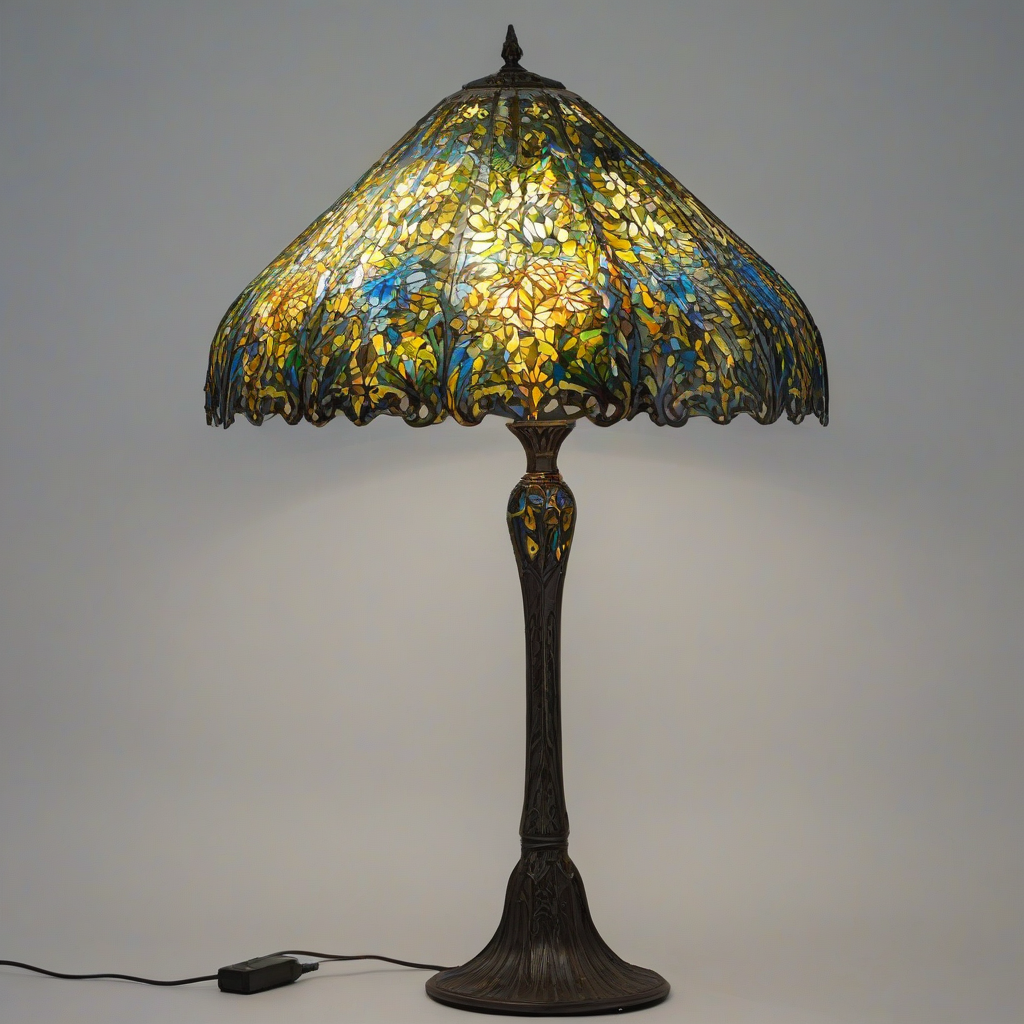 A beautiful, intricate floor lamp with a vibrant Tiffany stained glass lamp shade, featuring a wide range of colors including blues, greens, and yellows, in a full-body view, on a plain white background, with a wide-angle shot, and dynamic shadows, on a plain white background, even lighting 