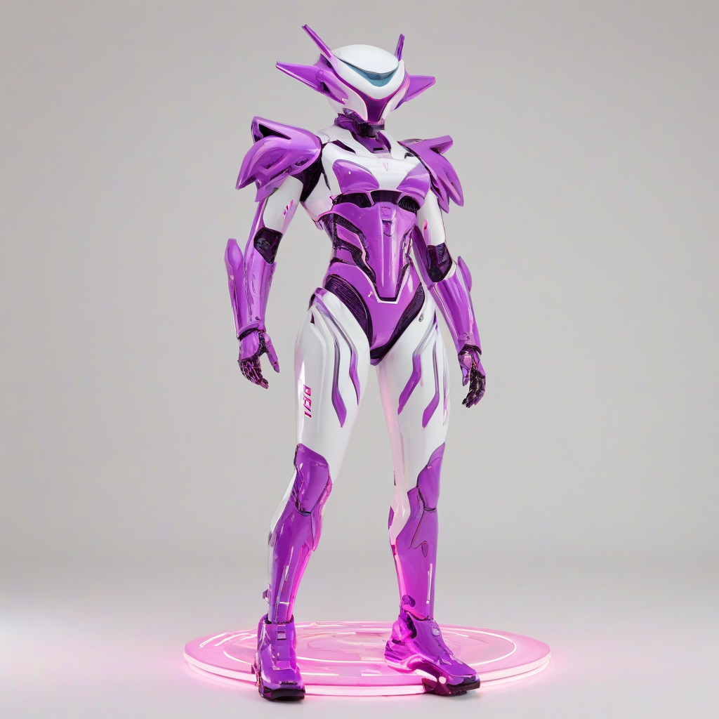 A futuristic, high-tech gadget with a predominantly violet color scheme, set against a plain white background, in a wide shot with the gadget's entire body visible, rendered in a synthwave art style with neon lights and bold, geometric shapes, and a sense of dynamic movement, on a plain white background, even lighting 