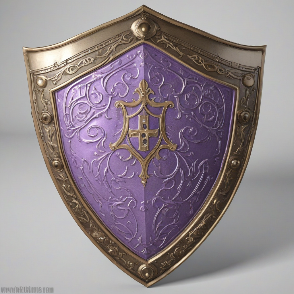 a full-body view of a highly detailed, Violet, medieval shield with intricate engravings and a metallic sheen, on a plain white background, concept art style, with dynamic shadows and a soft, warm lighting, wide-angle shot, on a plain white background, even lighting 
