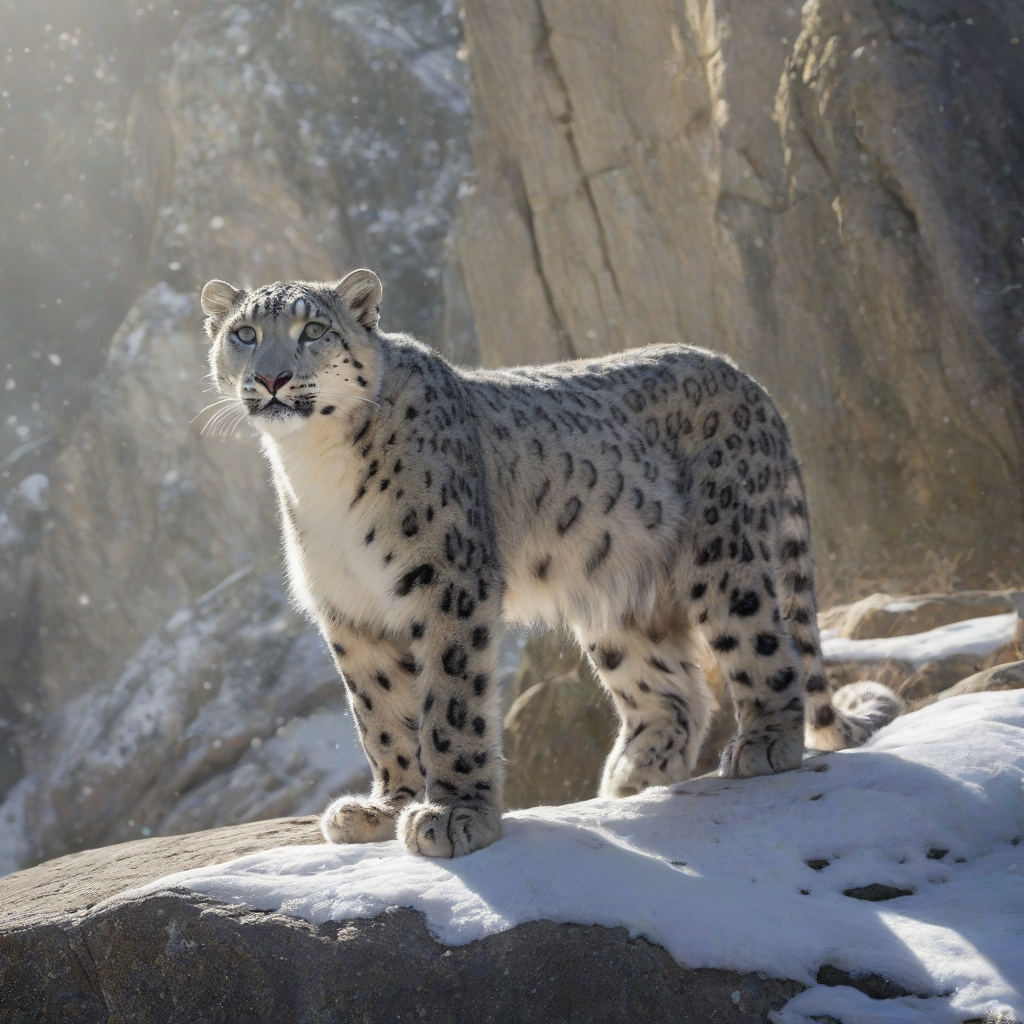 A snow leopard rock hybrid, digital art style, wide shot, full-body view, Magical background, dynamic shadows, backlight, with a mix of realistic and fantastical elements, intricate details on the rock texture and snow leopard fur, vibrant colors