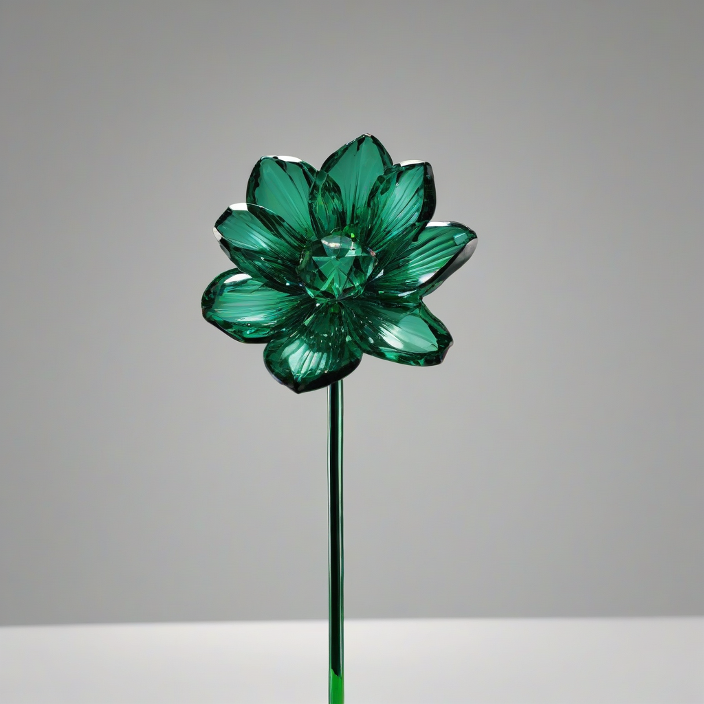 A highly detailed, photorealistic, wide shot of a single, full-body view, emerald green crystal flower with delicate, intricate petals and a sturdy, sparkling stem, set against a plain white background, with soft, natural lighting and subtle shadows to accentuate its crystalline structure, on a plain white background, even lighting 