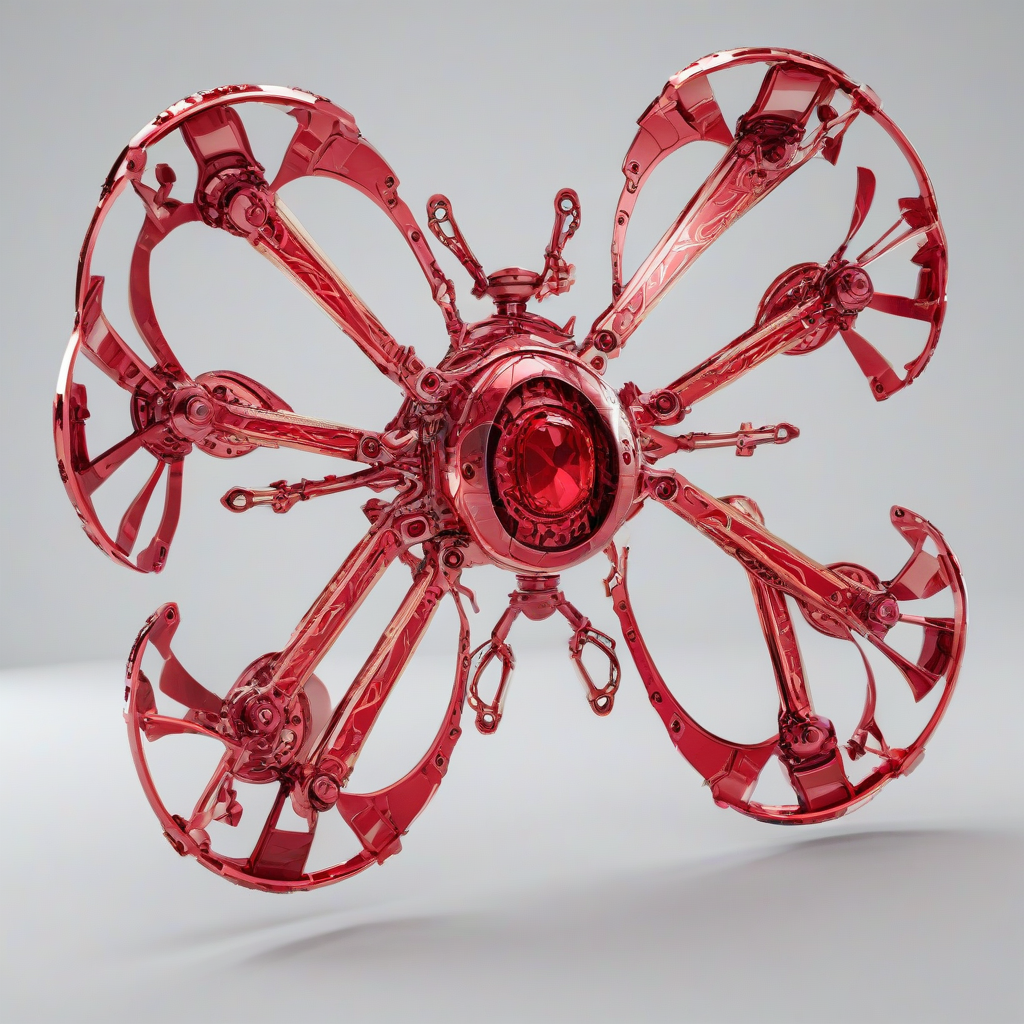 A ruby red drone, with intricate Baroque-inspired designs etched into its metallic body, in a wide shot with its rotors visible, set against a plain white background, with a sense of luxury and sophistication, in a digital art style with high level of detail, on a plain white background, even lighting 