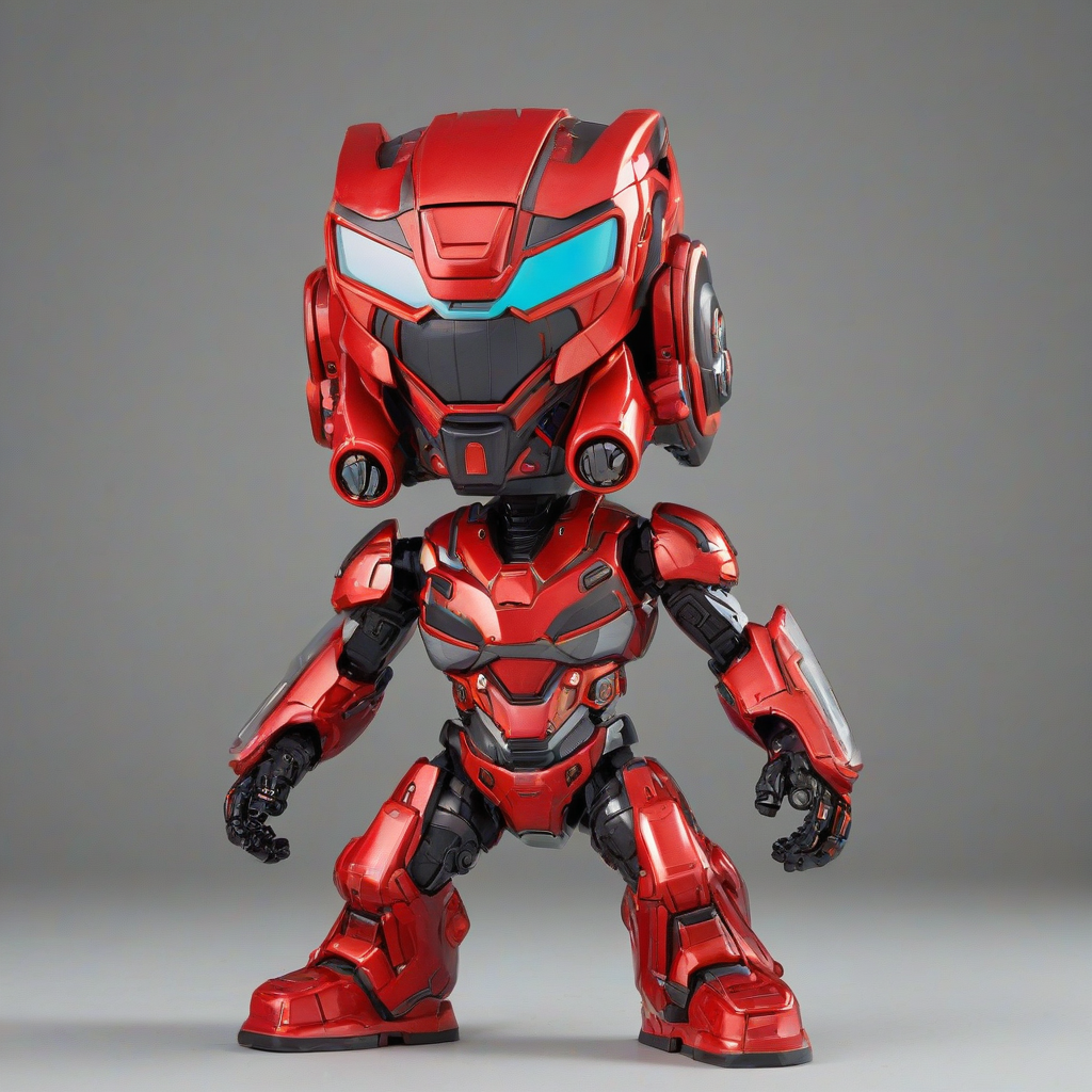 a bright red mecha suit in a funko pop style with an enlarged head, vibrant colors and bold lines on a plain white background with even lighting