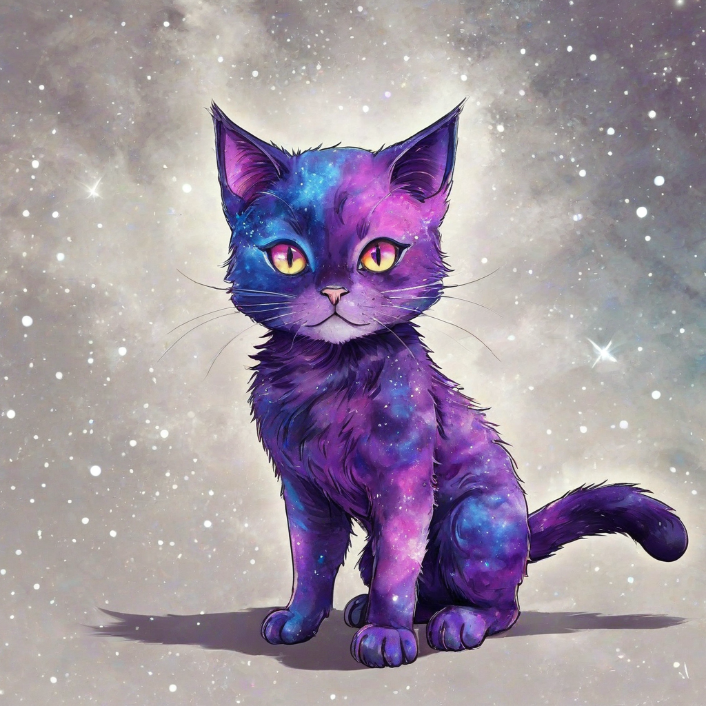 A full-body view of a galaxy cat, with vibrant purple and blue fur, in outer space, in an anime style, with a wide-angle shot, and dynamic shadows, with a mix of digital art and watercolor painting styles
