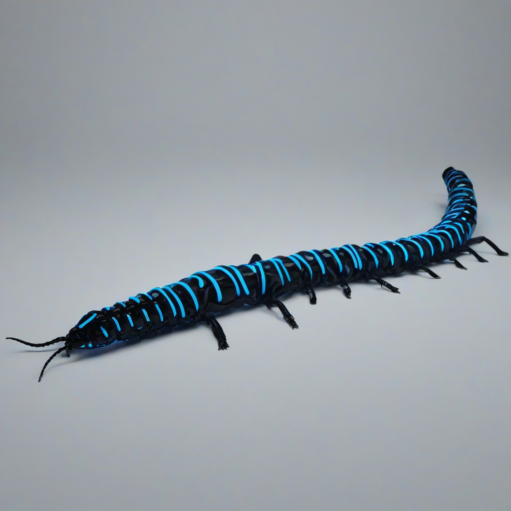 A neon blue and black centipede, full-body view, on a plain white background, with vibrant neon blue accents and a sleek black body, in a wide shot, with all legs visible, in a digital art style