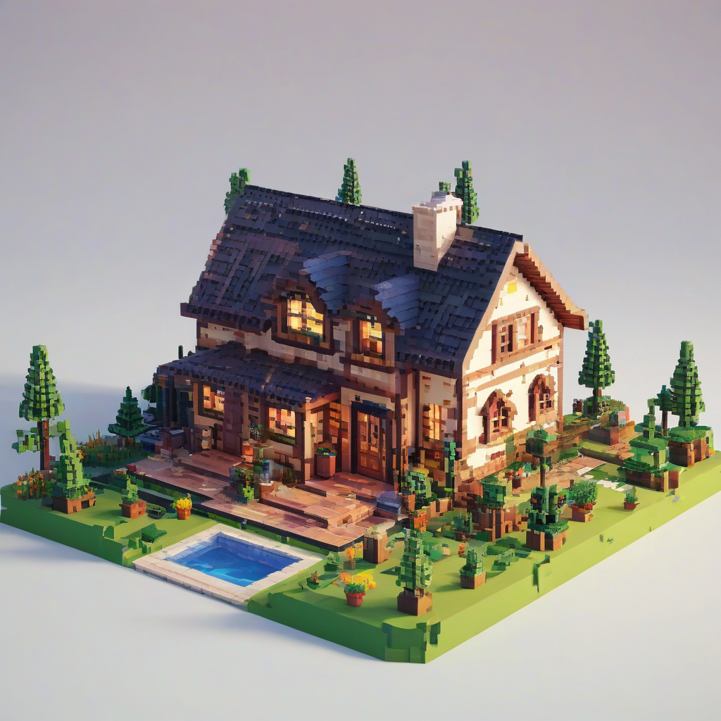 A voxel style house, full-body view, with a wide shot, featuring a small entrance, a cozy interior, and a landscape of blocky, pixelated mountains in the background, on a plain white background, with warm lighting and vibrant colors, in a voxel art style, on a plain white background, even lighting