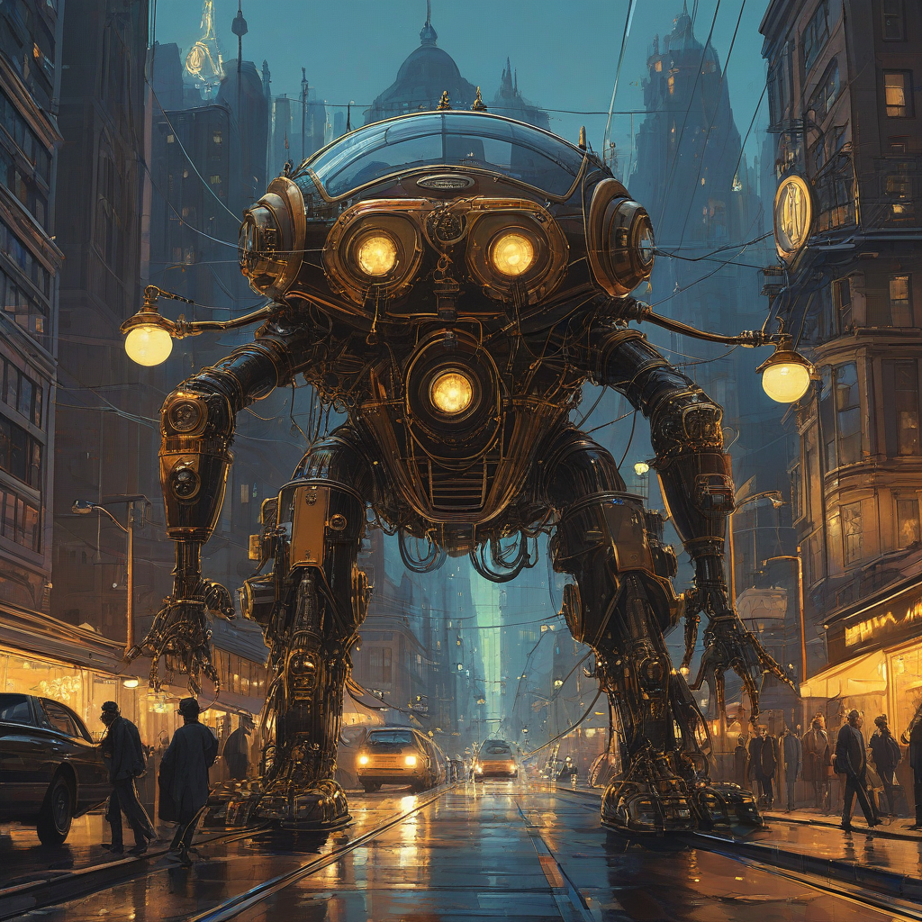 Retro futurism art of a large steampunk creature with exposed copper wiring and brass fixtures attached to its body, with wires swinging downwards as small steampunk vehicles drive underneath its legs, inspired by Syd Mead, in a city with visible metal shine and ornate gears, with gas lamps and old-fashioned streetlights illuminating the scene, in the style of Syd Mead, Syd Mead-inspired, or Syd Mead style