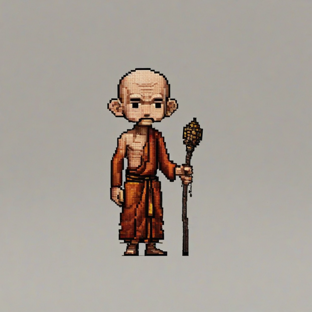chibi pixel art style, old Buddhist monk holding a staff, on a plain white background, even lighting