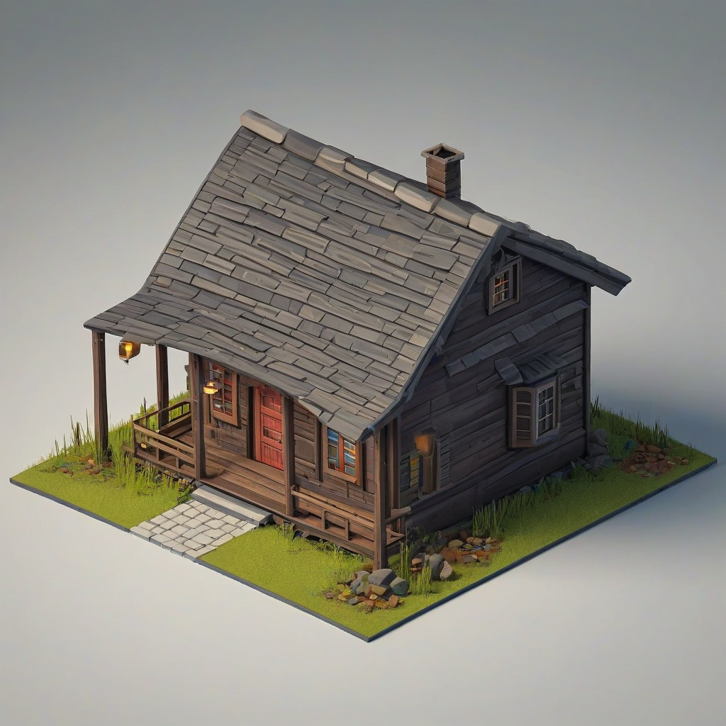 diorama of cartoon style cabin on square gird for isometric game asset, on a plain white background, even lighting