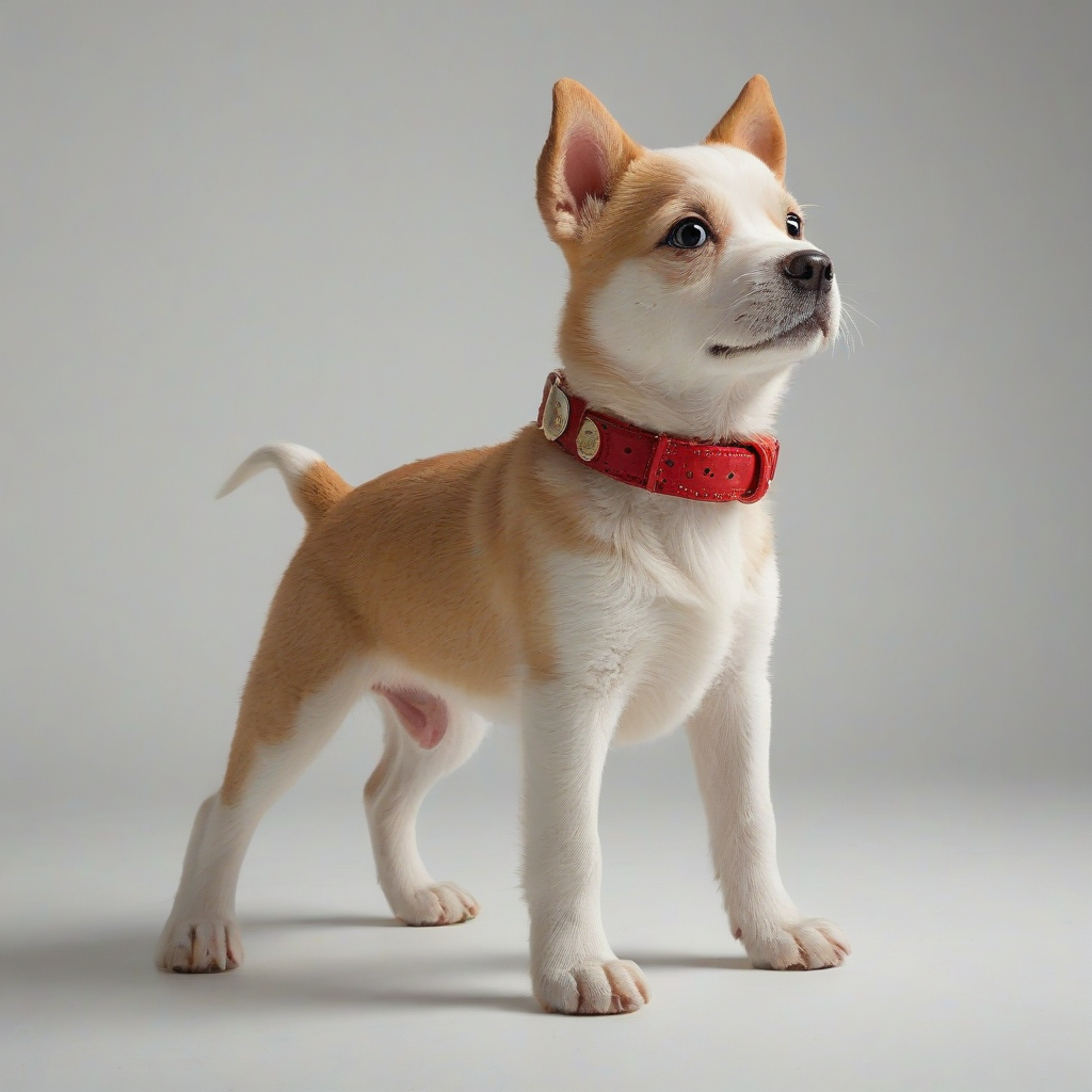 A precious moments style puppy, full-body view, with a teardrop eye, wearing a red dog collar, standing on a plain white background, with a warm and soft lighting, in a whimsical and dreamy style, with a wide-angle shot, and a focus on the character's facial expression, on a plain white background, even lighting