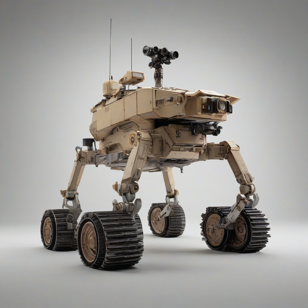 A single tan, brutalist-style rover, with sharp edges and a rugged exterior, highly detailed, full-body view, wide shot, ultra realistic, on a plain white background, even lighting 