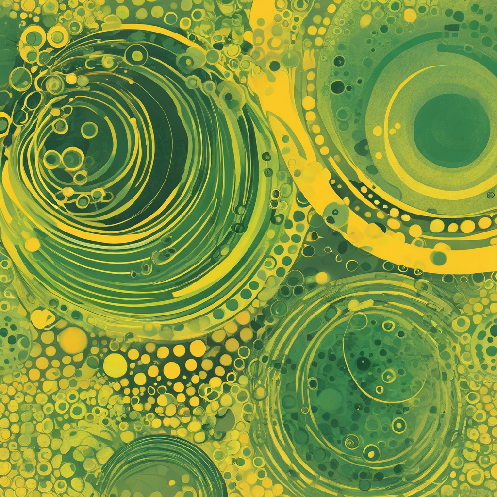 Abstract art with circles and organic shapes, using gradient colors of yellow and green