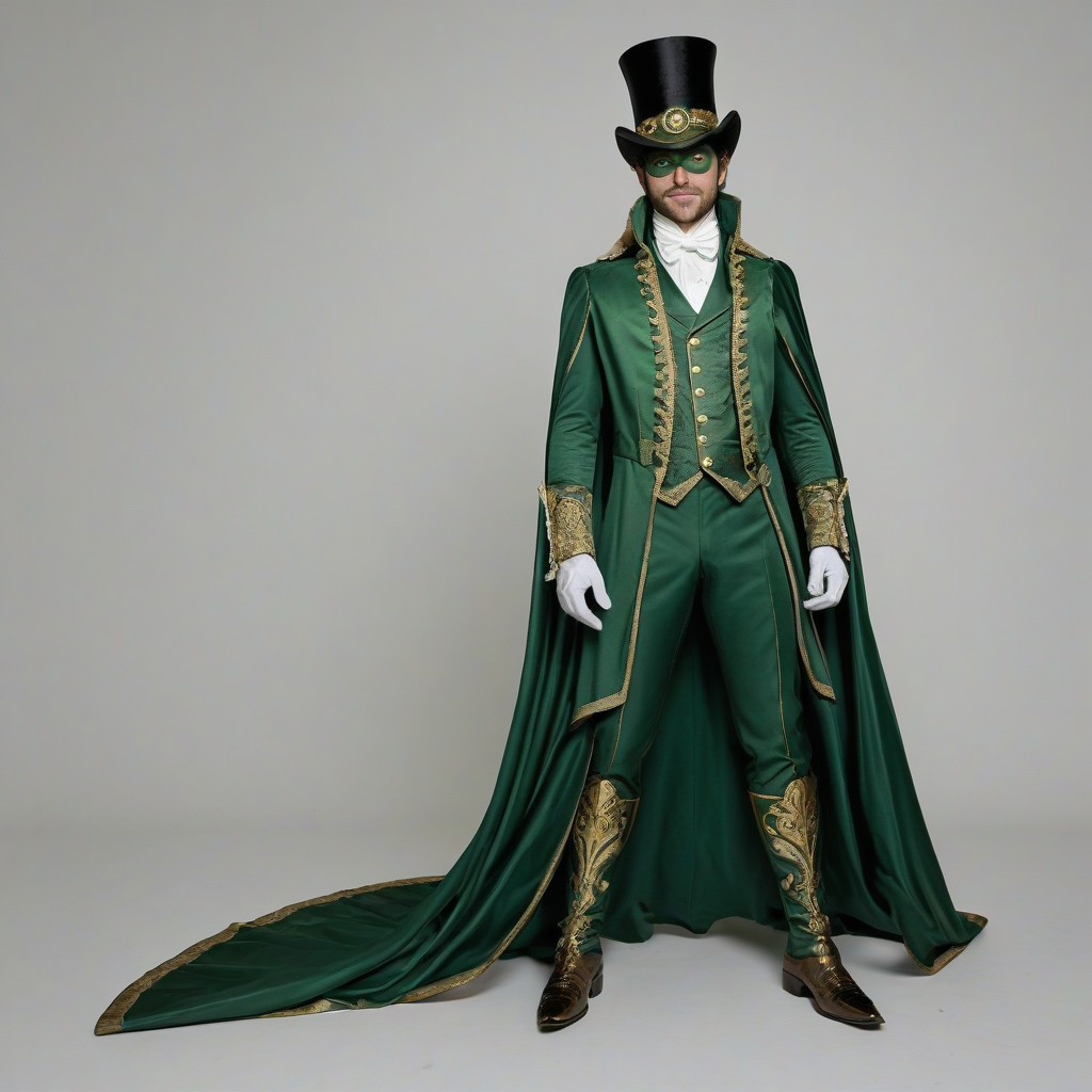 A full-body view of a Victorian-style superhero costume, primarily green in color, with intricate gold accents, a flowing cape, and a top hat, set against a plain white background, in a wide shot, with the costume's details and textures clearly visible, in the style of a digital illustration, on a plain white background, even lighting 