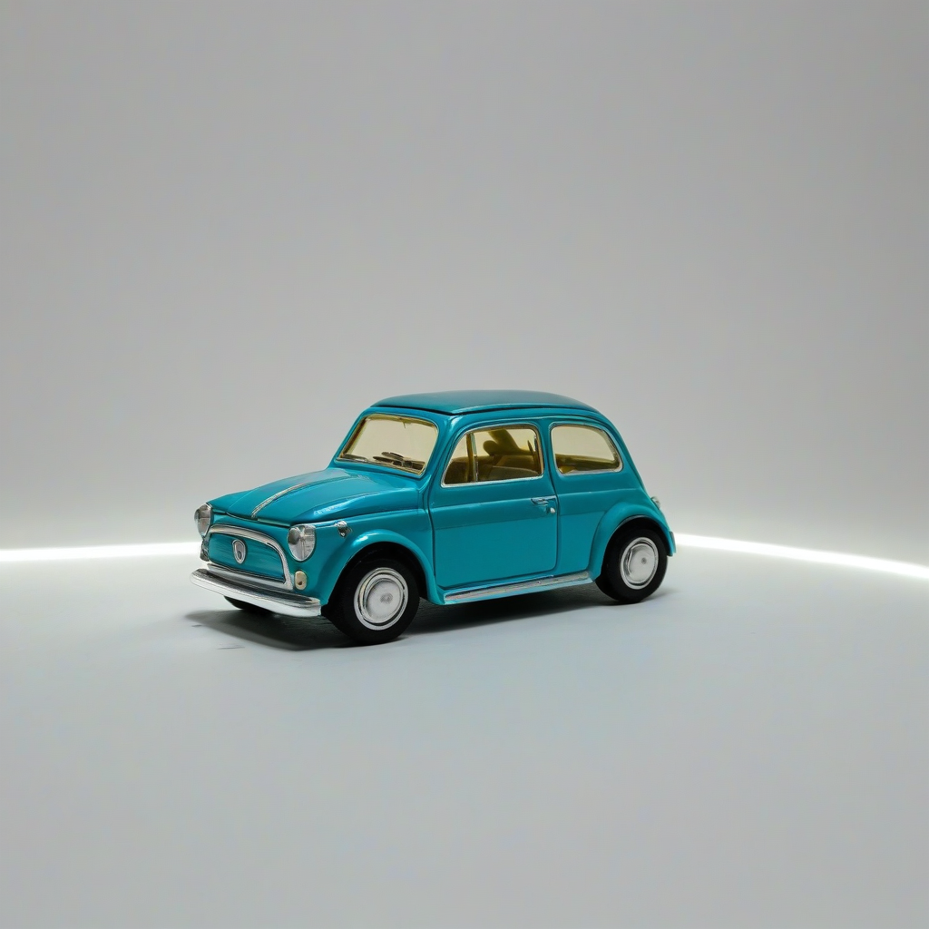 a blue and green toy car under bright lighting on a plain white background, even lighting, on a plain white background, even lighting