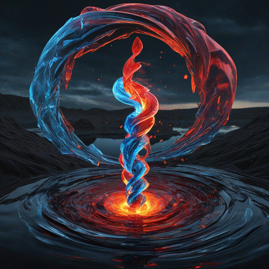 Digital painting, surreal style, wide-angle view. A twisting double helix of red fire and blue crystal rises from a reflective black lake, each strand made of flowing flames and sharp translucent shards. The helix forms  perfect spiral upward, merging into a radiant sphere floating mid-air — half glowing ember, half icy prism. At sphere's center, a faint silhouette of a humanoid figure sits in a lotus pose, perfectly symmetrical, its left side made of molten lava with flickering sparks, and its right side of glowing blue glass with refracted light. Behind the figure, a curved bridge arches across the lake, built from intertwining roots and veins of light, leading into a horizon split between a rising sun and a full moon. The entire scene follows a Fibonacci composition, with elements arranged along the spiral path. The sky transitions from deep violet to soft dawn orange, filled with faint fractal patterns echoing the helix. Masterpiece, best quality, hyper detailed, 8k, very aesthetic,