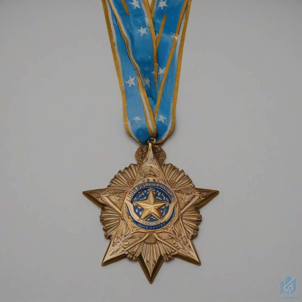 A star shaped medal of honor, gold with a blue ribbon, full-body view, on a plain white background, with intricate details and engravings, wide shot, with the medal centered and the ribbon flowing downwards, on a plain white background, even lighting 